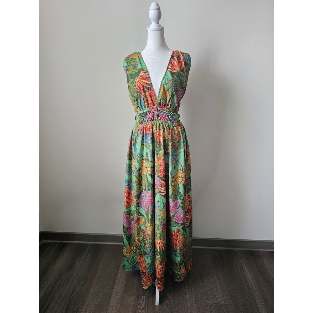 Indulge Style Deep Double V-Neck Green Smocked Floral Maxi Dress Size XL